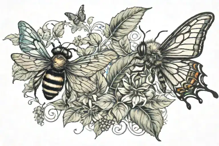 Bee And A Butterfly Connected By Leafy Vines