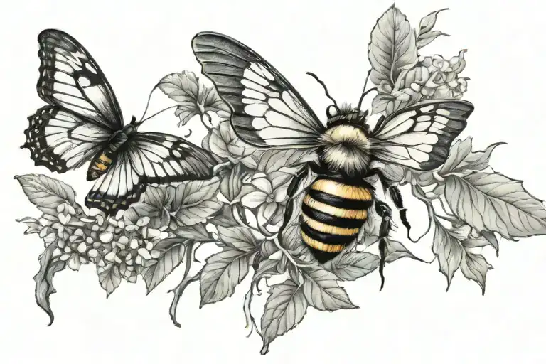 Bee And A Butterfly Connected By Vines