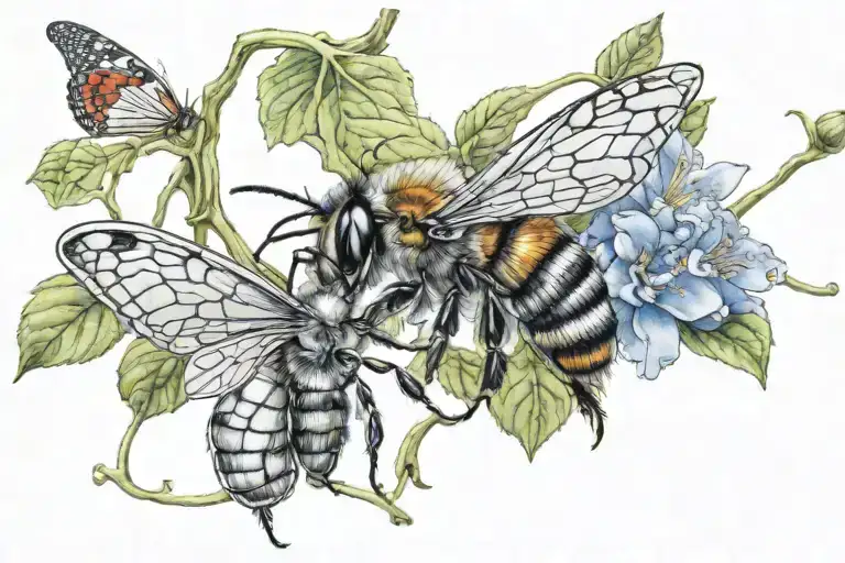 Bee And A Butterfly Connected By Vines Finger