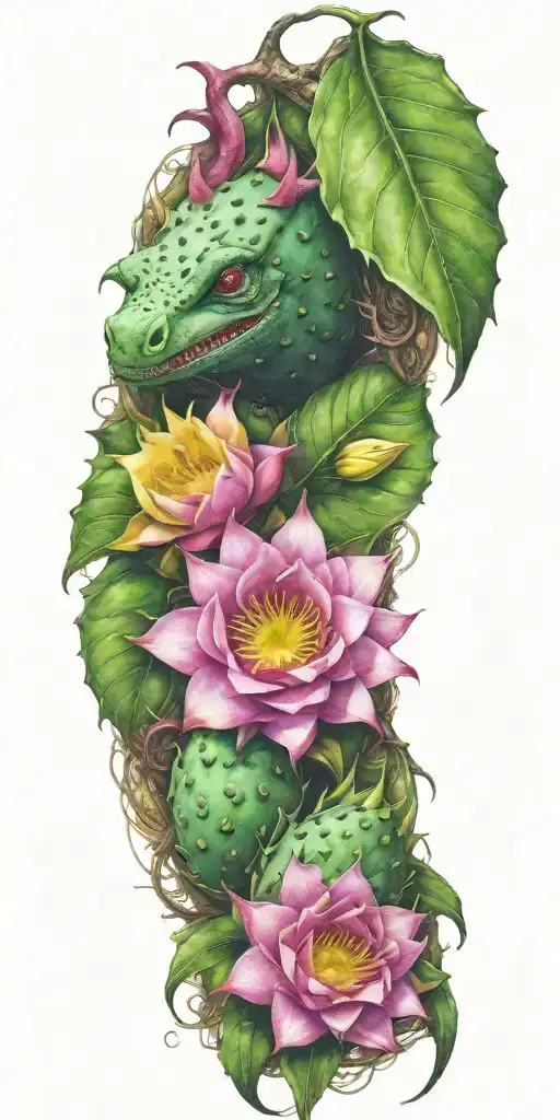 Dragonfruit Growing On Vine With Green Dragon And Plumeria Flowers