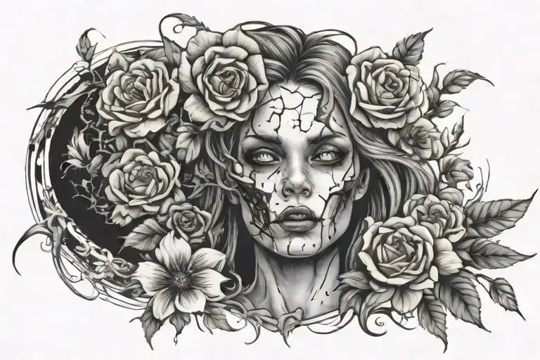 Centered Female Zombie Surrounded By Florals Black Ink