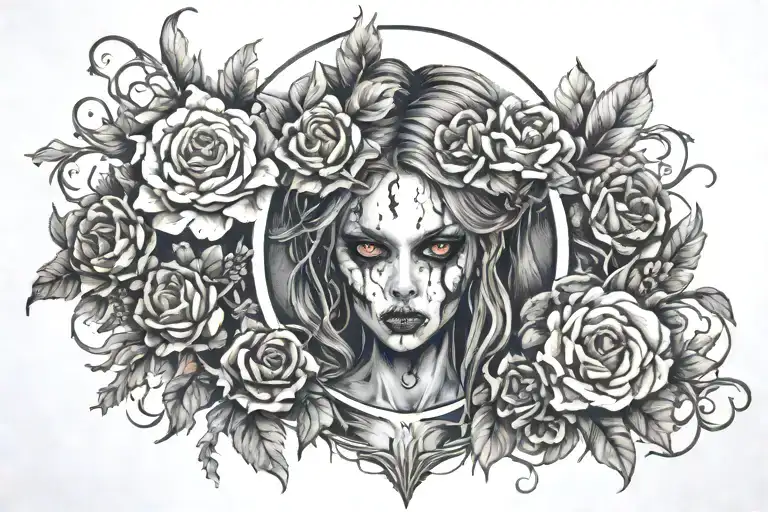 Centered Female Zombie Surrounded By Symmetrical Florals Black Ink