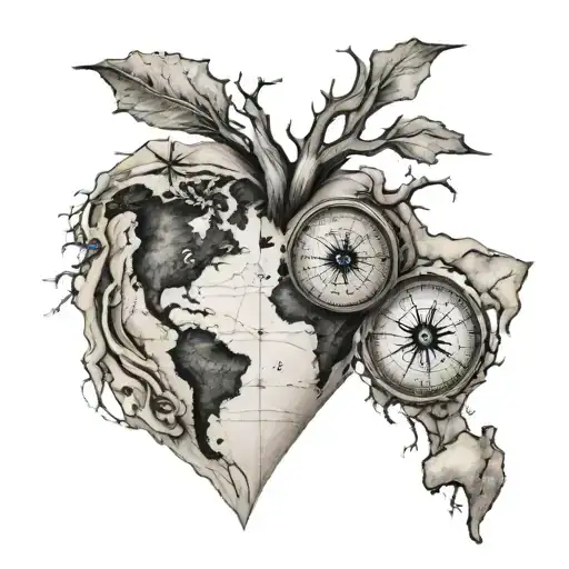 Fingerprint Heart With World Map And Navigation Compass Inside