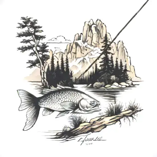Fishing Scene With Trees And Mountains
