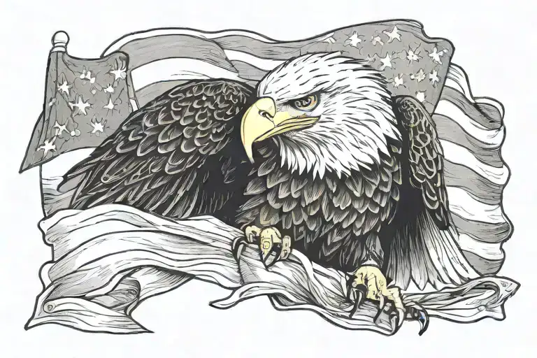 Bald Eagle With Flag Behind Him