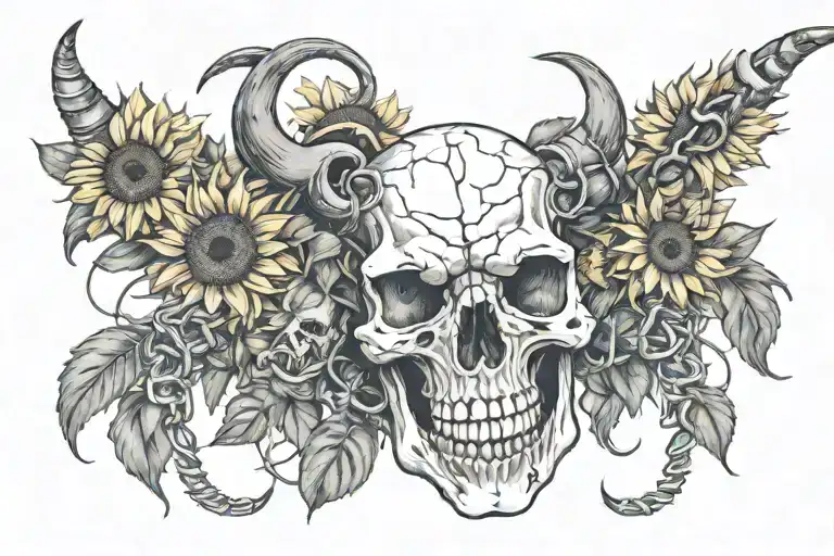 Longorn Skull With Barb Wire Wrapped Around One Horn And Sunflowers On Other Horn