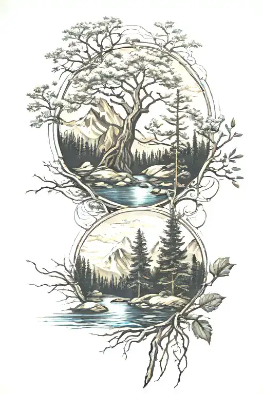 Mountain Trees River Color