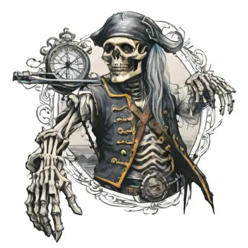 The Standing Skeleton Pirate Holding A Compass On His Raised Left Hand