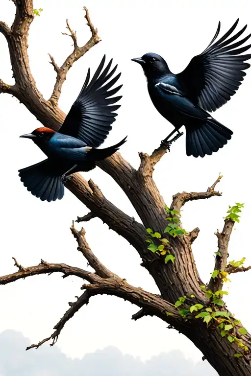 2 Blackbirds On Tree 2 Flying Away