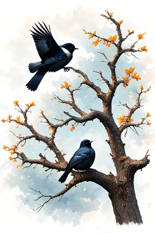 2 Blackbirds On Tree 2 Flying Away