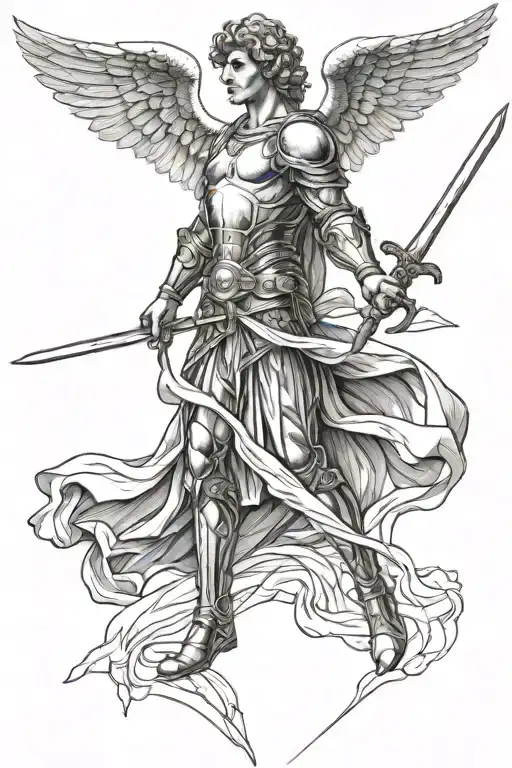 Archangel Michael With A Sword Drawn In Lines In His Right Hand