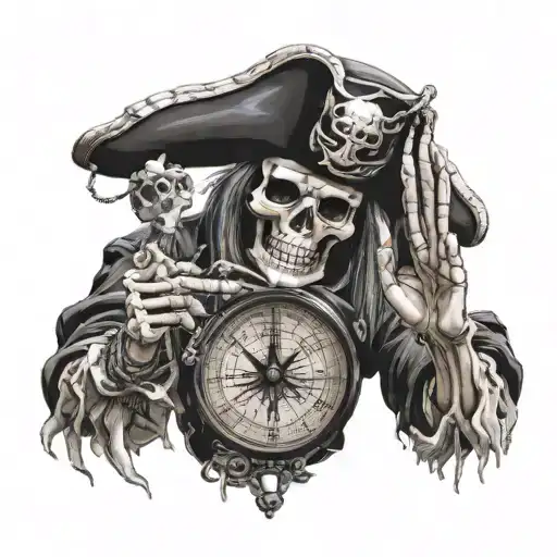 Skeleton Captain Pirate Holds Compass In Palm While Left Hand In Air