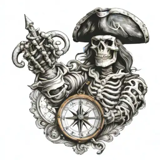 Skeleton Captain Pirate Holds Compass In Palm While Holding Left Hand Up