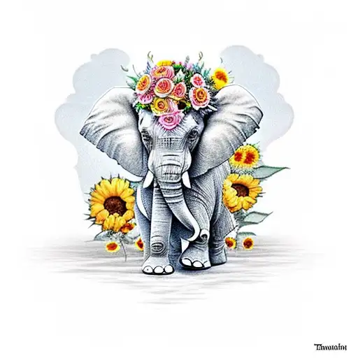 Elephant With Roses And Sunflowers