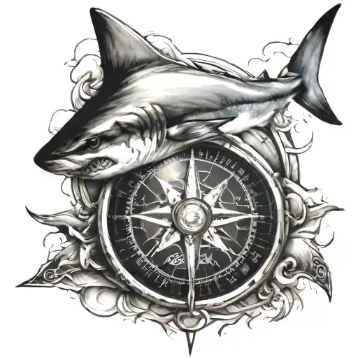 Compass And Aggressive Shark Face Forearm