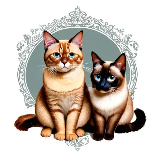 Victorian Style Orange Tabby Cat And Siamese Cat Sitting In Vintage Victorian Gothic Surroundings