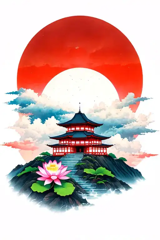 Japanese Temple Nestled In Clouds On A Mountain Side Lotus Flower Under A Japanese Rising Sun
