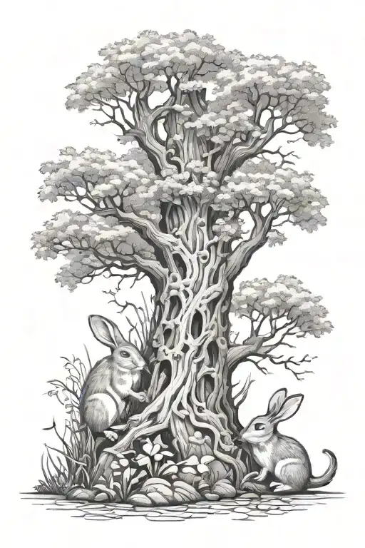 A Mystical Forest Scene With Hidden Mouse And Rabbit Figures Peeking Out From The Trees