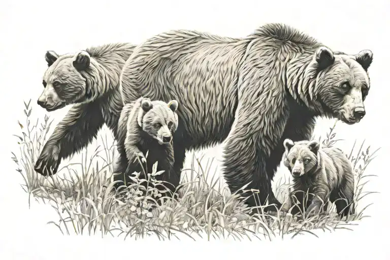 Bear With Two Cubs Playing In A Field