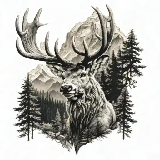 Stag Head With Woodland And Mountain Background