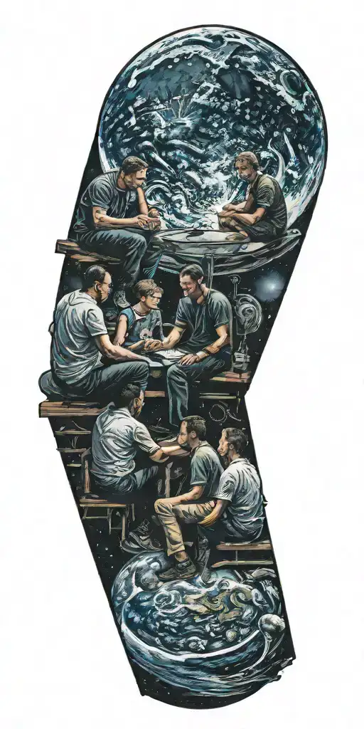 Two Brothers And Father Sitting On The Moon Looking At Earth Globe Music