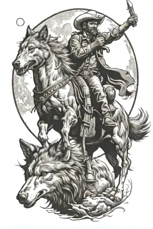 Cowboy Sitting On A Horse Next To A Wolf Howling At The Moon