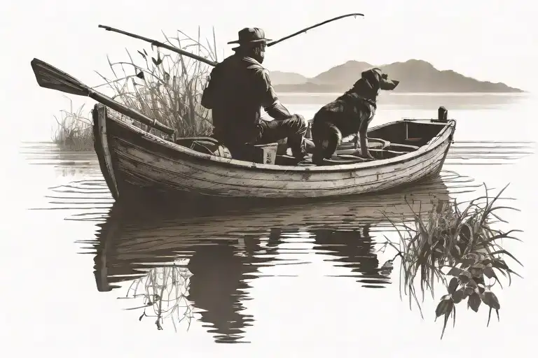 Silhouette Of A Man Fishing In His Boat With His Dog