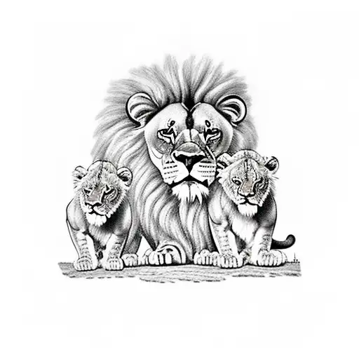 Large Male And Female Lion Head With Two Cubs Walking Under Them