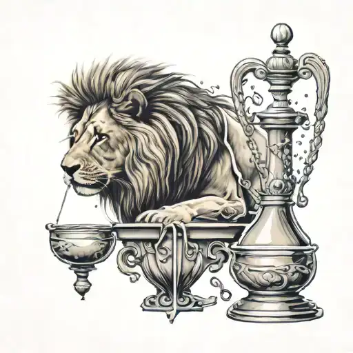 A Realistic Lion Head With An Amphora Who Split Water Around A Scale Of Justice