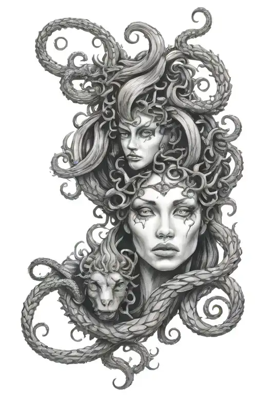 Lilith And Medusa Faces In One With Diagonal Line From Chatered Glass
