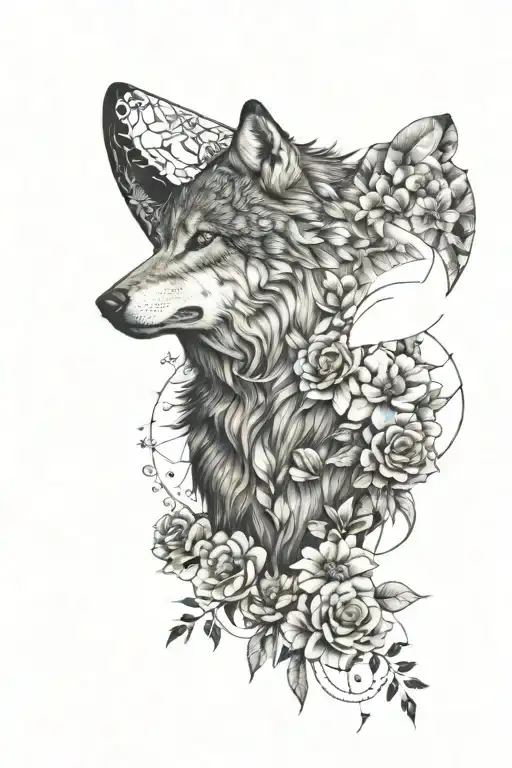 Wolf Surrounded By Flowers And Geo Patern