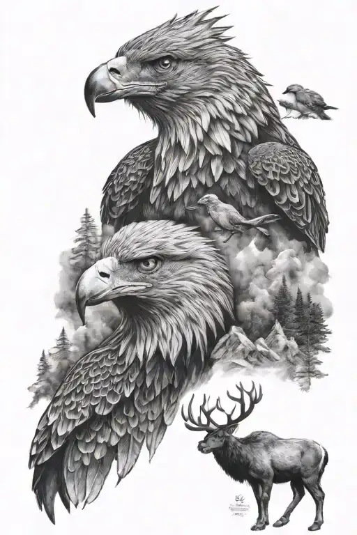 Woolf Eagle Bear Elk Totem Black And White