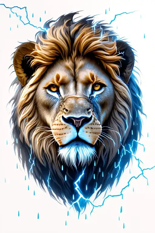 Lion Head With Lightning And Rain Falling