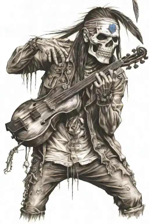 Apache With Skull Face Holding A Broken Violin
