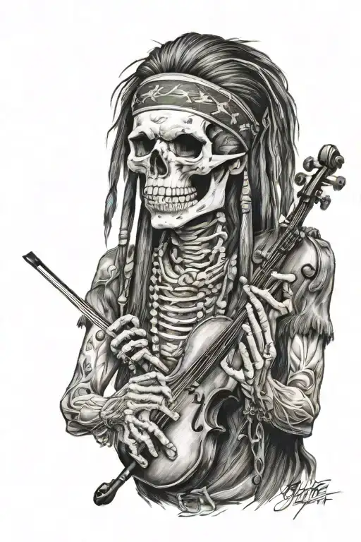 Skull Apache Holding A Broken Violin