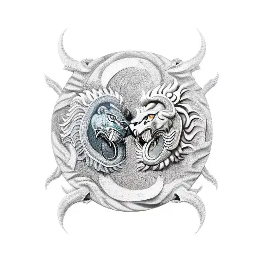 Lion Fighting Dragon In Yin And Yang