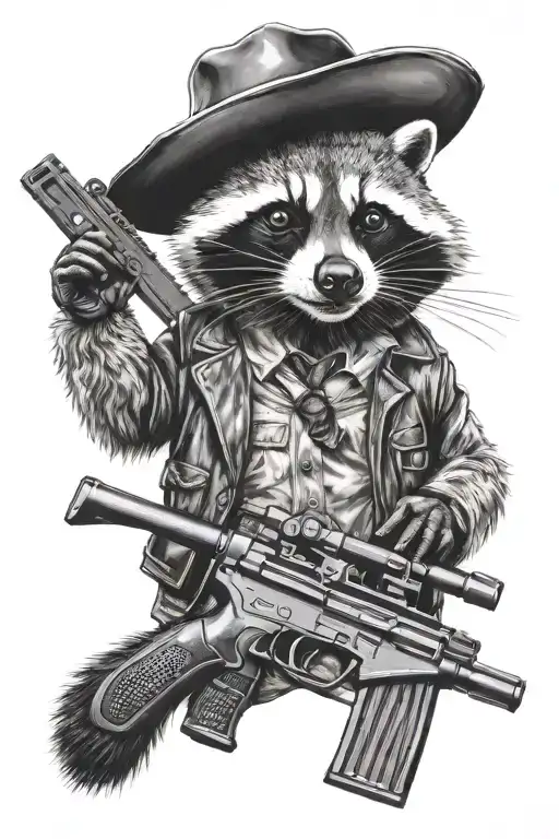 Racoon With Submachine Gun And A Hat Like Chicago Gangsters
