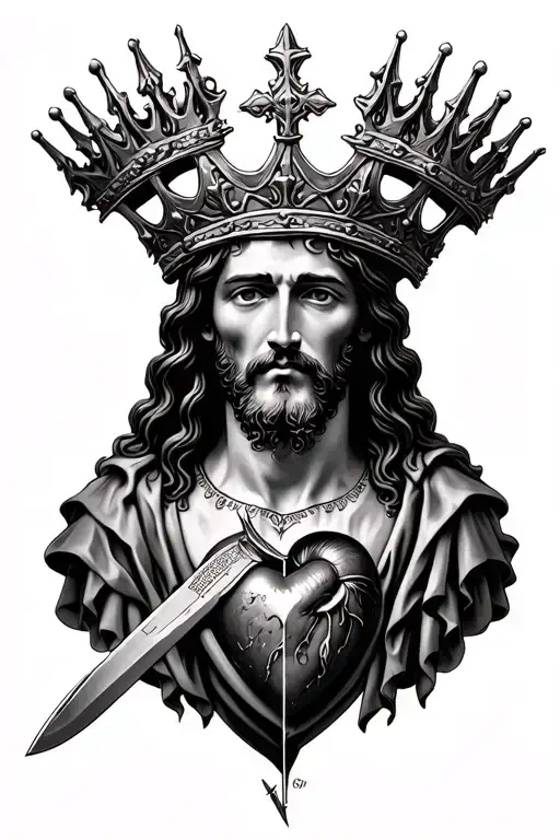 Jesus With Crown Of Thrones And Below A Heart With A Knife Through It