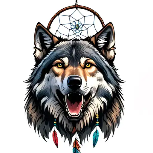 Howling Wolf Head And Dreamcatcher