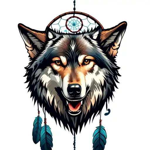 Howling Wolf Head And Dreamcatcher