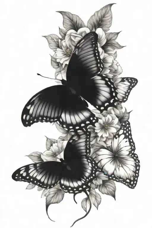 Black And White Flowers With Two Colorful Butterflies