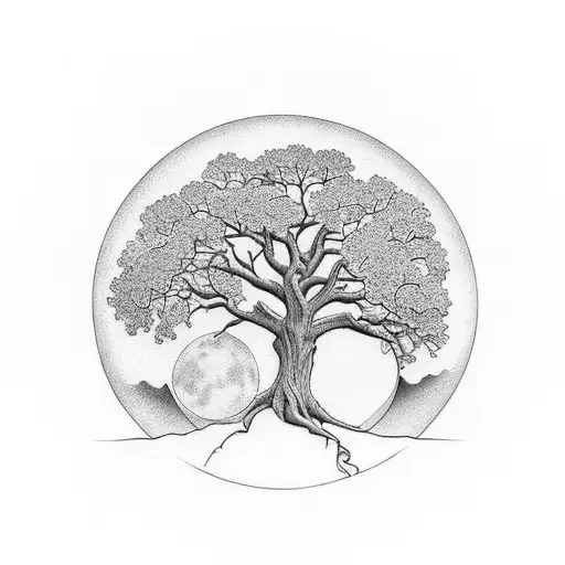 Oak Tree With Moon In Background