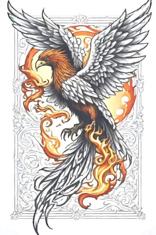 Phoenix Back Tattoo With Flames As Wings And Color