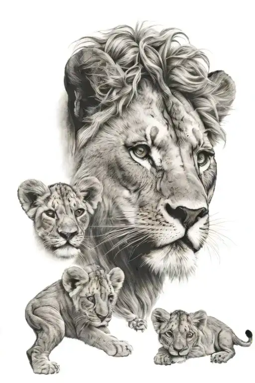 Face Woman Half Human Half Lioness 2 Lion Cubs