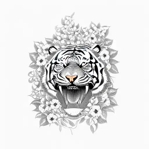 Tiger Head With Vines And Flowers Surrounding It