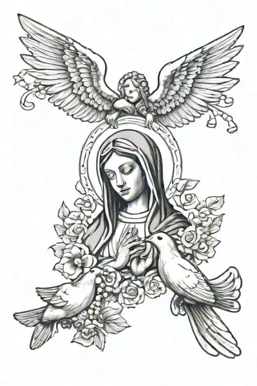 Small Tattoo With The Virgin Mary And A Dove Holding The Rosary