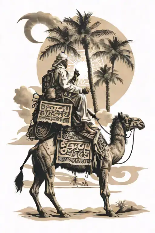 Arabic Quote With Pyramds And Palm Trees And A Guy Riding A Camel And The Sun