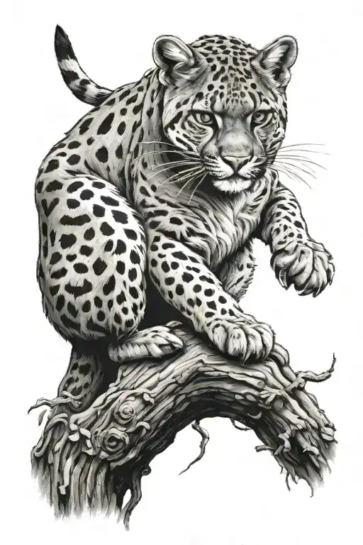 Puma With Thunders Climbing A Tree Trunk