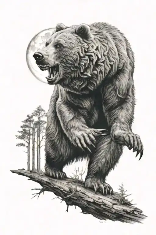 Bear Furious In The Forest With The Moon