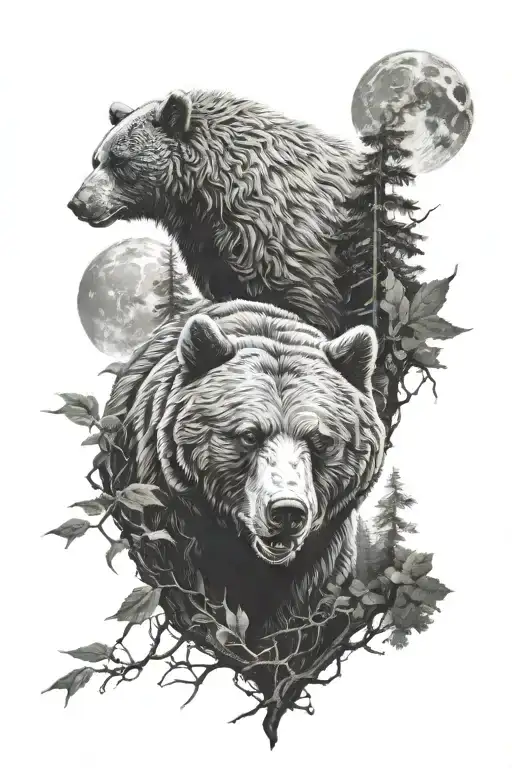Bear Furious In The Forest With The Moon